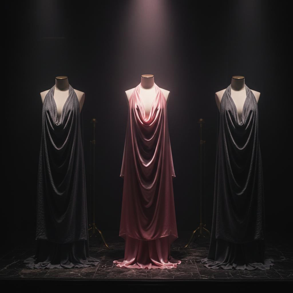Cinematic vintage department-store window with three mannequins, the center one in flowing rose-pink silk lit by a soft mauve-pink spotlight while the others sit dim in grey — representing the fashion collection pages that actually deserve crawl budget