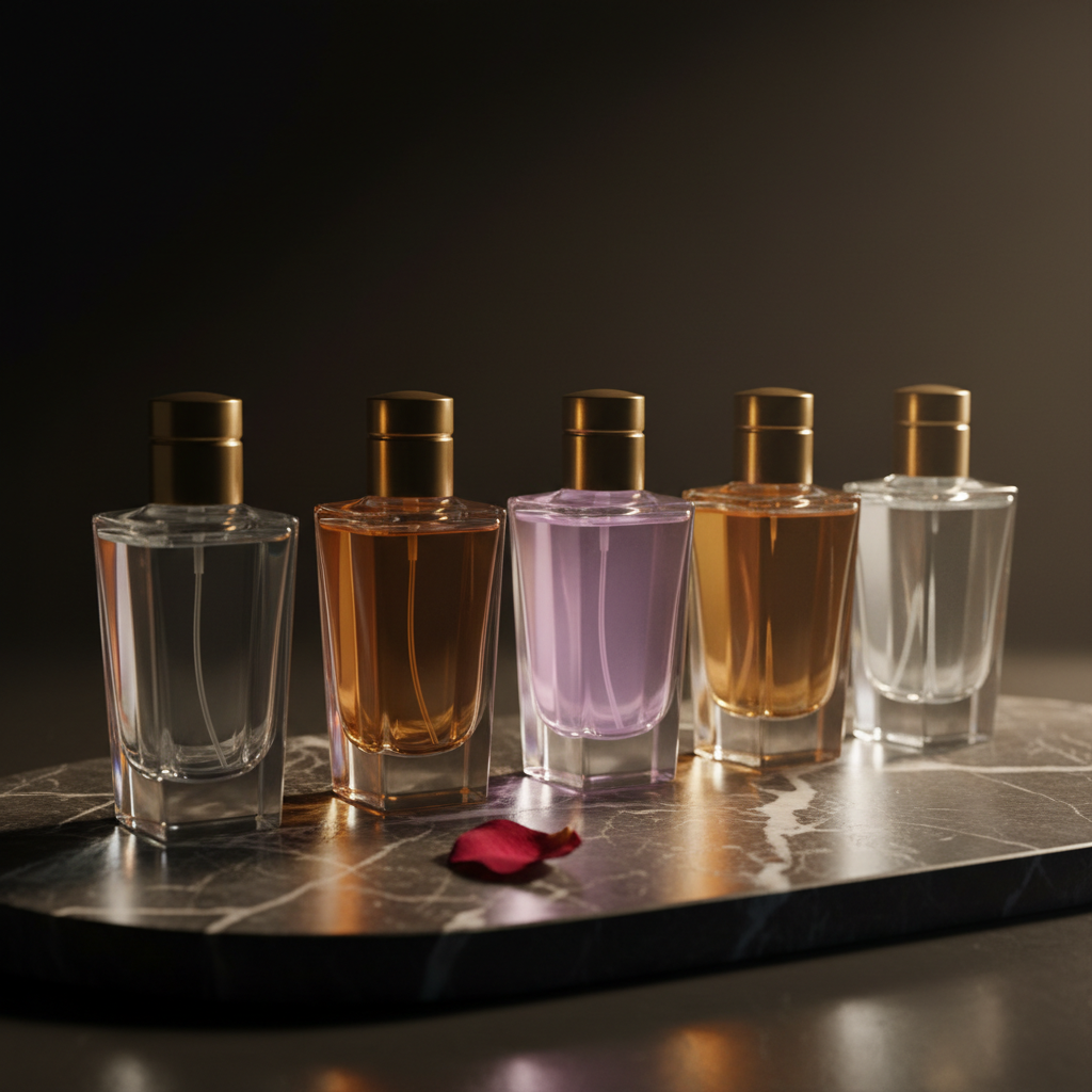 Cinematic macro of a row of crystal perfume bottles on dark marble vanity, the center bottle glowing softly mauve-pink while the others sit clear or amber, polished brass caps and a dried rose petal beside — representing the right fashion SEO keywords