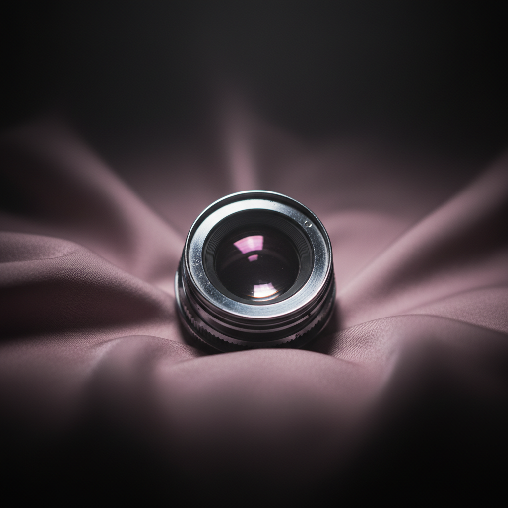 Cinematic macro of a polished vintage camera lens lying on rumpled mauve-pink silk, glass catching a soft pink reflection, chrome housing glinting — representing visual-search SEO via Google Lens for fashion
