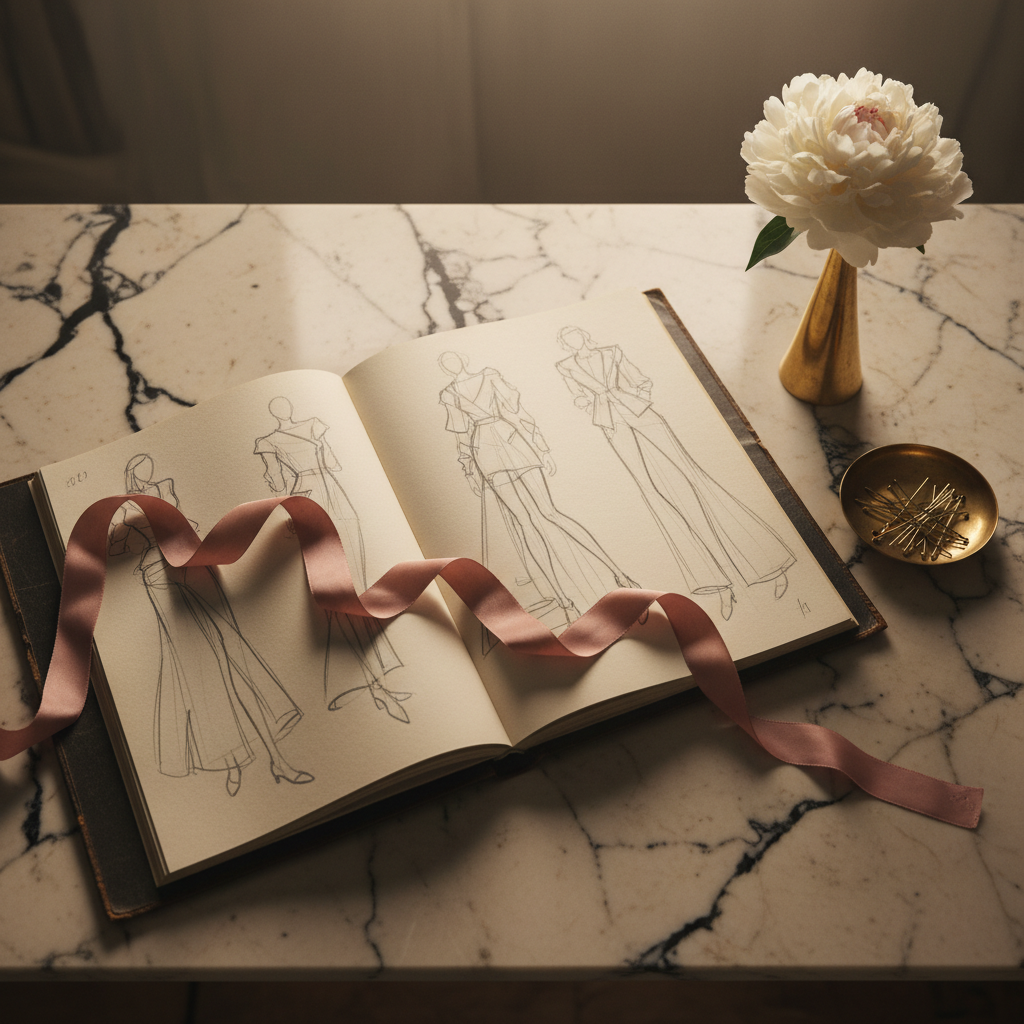 Cinematic overhead of a fashion atelier marble desk with an open leather sketchbook of garment silhouette pencil sketches, mauve-pink silk ribbon curling across the page, brass dressmaking pins in a small dish, white peony in a slim vase — representing fashion brand SEO strategy