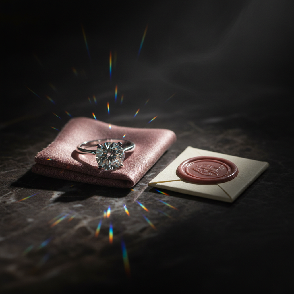 Cinematic macro of a single brilliant-cut diamond ring on folded mauve-pink silk on dark marble, the stone catching prismatic sparkles, a small ivory paper with mauve wax seal beside — representing the criteria for choosing a fashion SEO agency