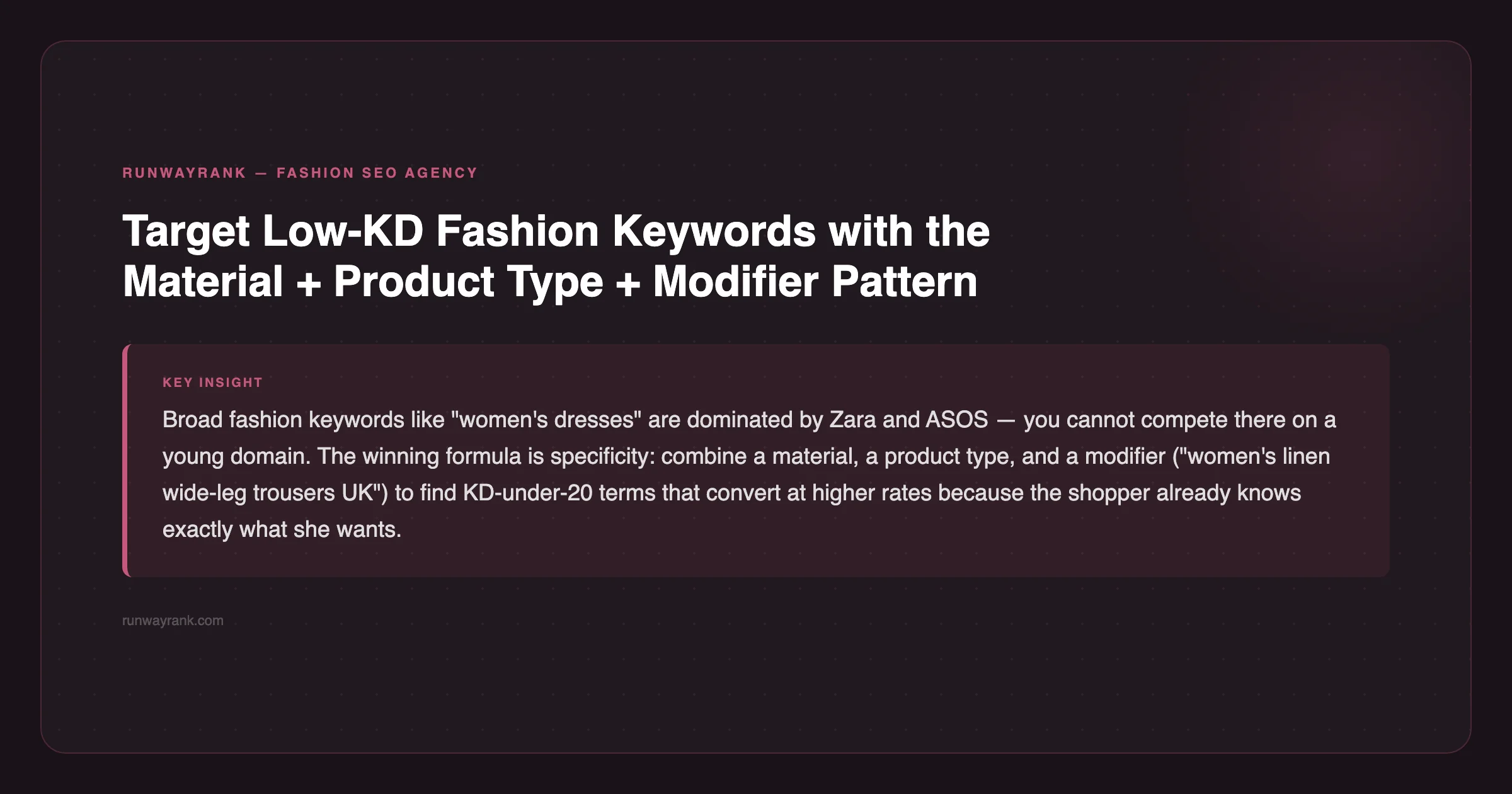 RunwayRank tip: target low-KD fashion keywords with material + product type + modifier pattern — runwayrank.com